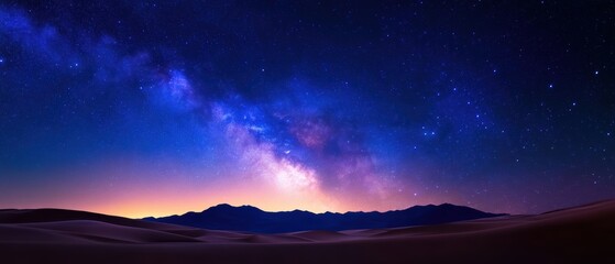 A stunning panoramic view of the night sky, featuring a vibrant Milky Way, illuminated by stars against a serene desert landscape.