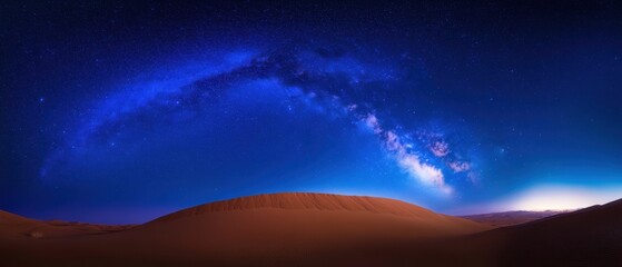 Fototapeta premium A stunning panoramic view of the night sky, featuring a vibrant Milky Way, illuminated by stars against a serene desert landscape.