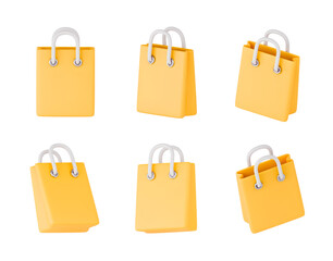 Shopping bag 3d icon set. Yellow shopping bags in different view isolated on white. Vector collection realistic gift bag. Online or retail shopping symbol. Sale, discount concept.