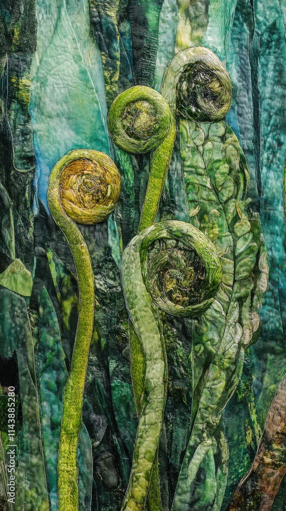 Poster detail of vibrant spring green ferns elegantly unfurling in a tranquil forest under soft sunlight