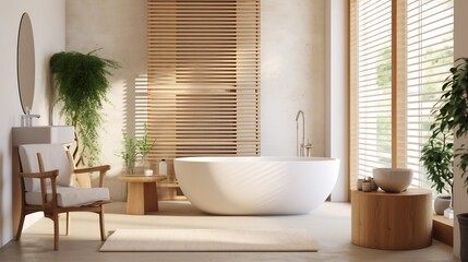 A modern and eco conscious bathroom featuring a sleek and minimalist design incorporating sustainable materials and a calming nature inspired atmosphere for a serene and relaxing experience