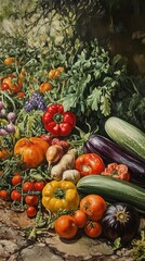 Colorful assortment of summer vegetables gathered in a vibrant garden setting
