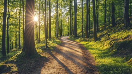 Obraz premium Serene Pathway Through Lush Green Forest During Sunrise with Sunlight Streaming Through Tall Trees and Soft Morning Shadows