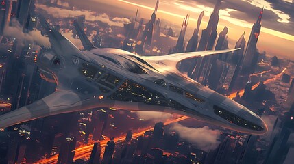 Futuristic Starship Soaring Above a Glowing Cyberpunk Cityscape