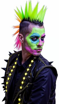Man with mohawk in punk costume on white background