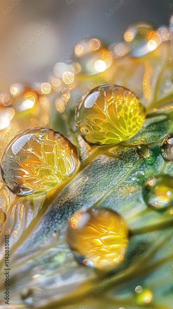 Poster close-up view of vivid water droplets on a leaf capturing intricate details in natural light