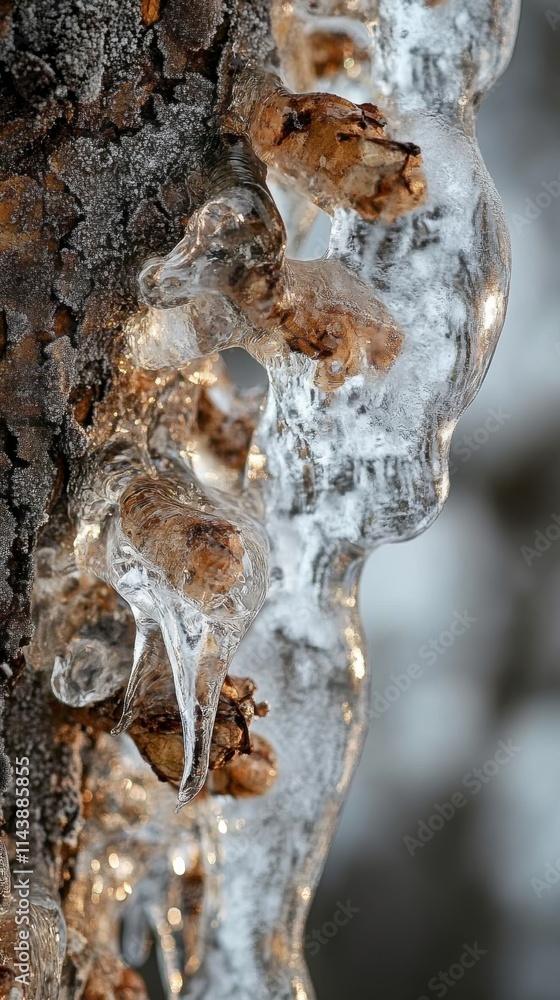 Poster close-up view of winter branches glistening under ice with intricate details of frozen droplets and 