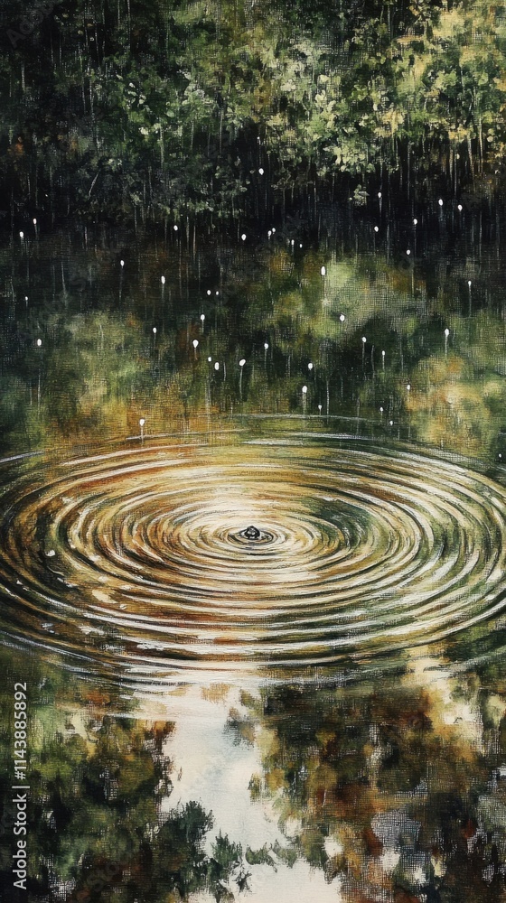 Aufkleber raindrops create circular ripples on a serene surface reflecting lush greenery around a pond