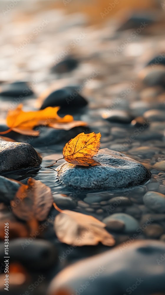 Aufkleber Close-up view of smooth river surfaces adorned with autumn leaves in tranquil nature setting