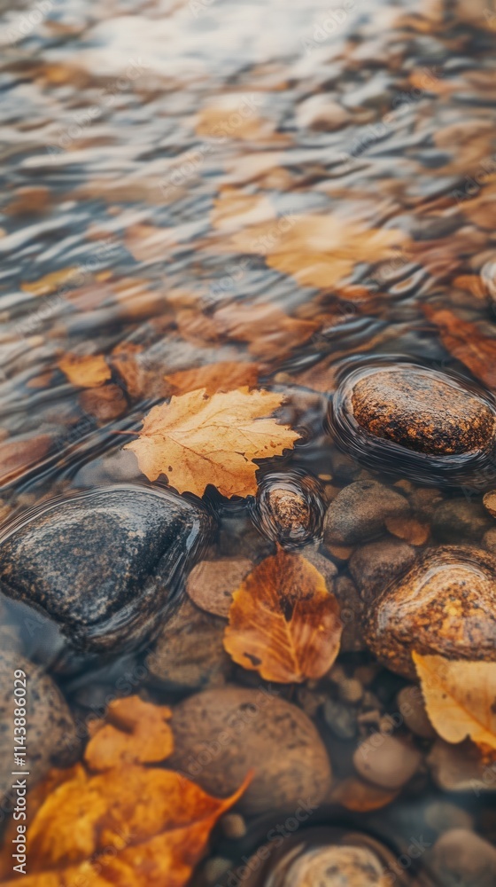 Poster captivating close-up of smooth river surfaces adorned with autumn leaves and pebbles in tranquil wat