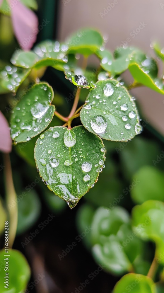 Poster close-up view of vibrant green leaves adorned with fresh spring raindrops in a natural setting