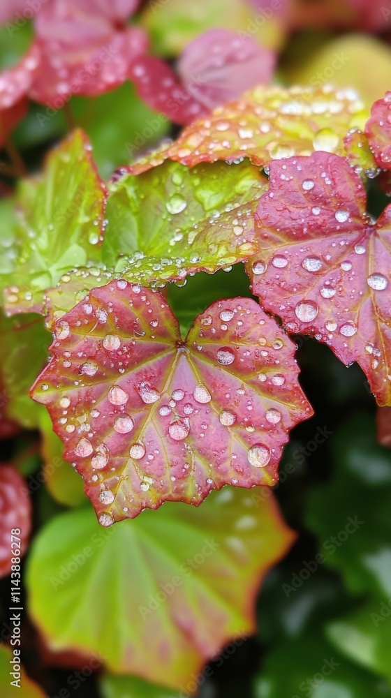 Poster spring raindrops collecting on vibrant green and red leaves in a lush garden setting