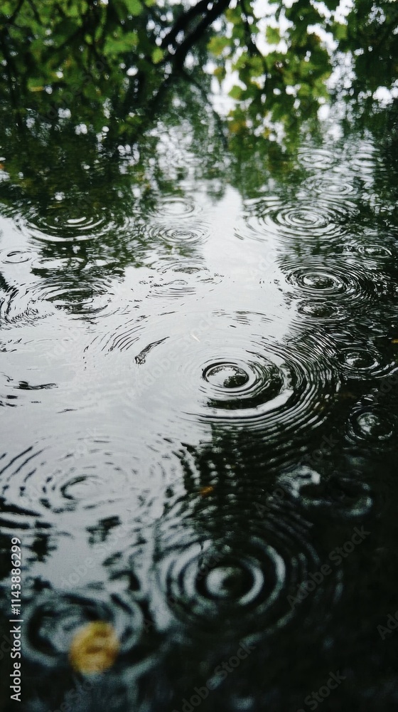 Poster raindrops create ripples on leaves during a summer rain shower in a lush green setting