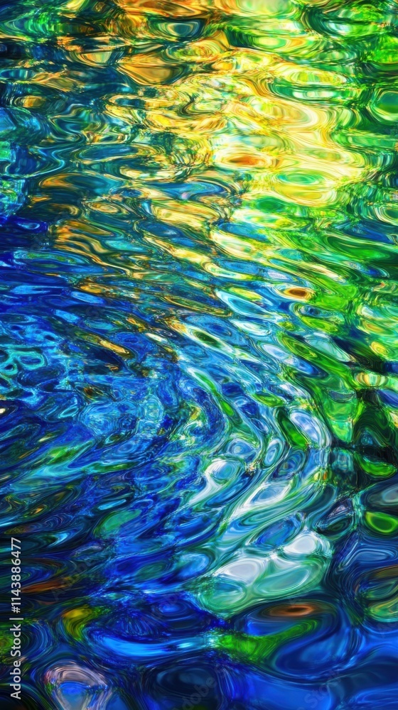 Poster close-up of vibrant water ripples reflecting colorful light patterns with gentle breezes disturbing 