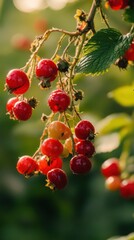 Vibrant summer berries hanging on branch captured during golden hour in lush garden
