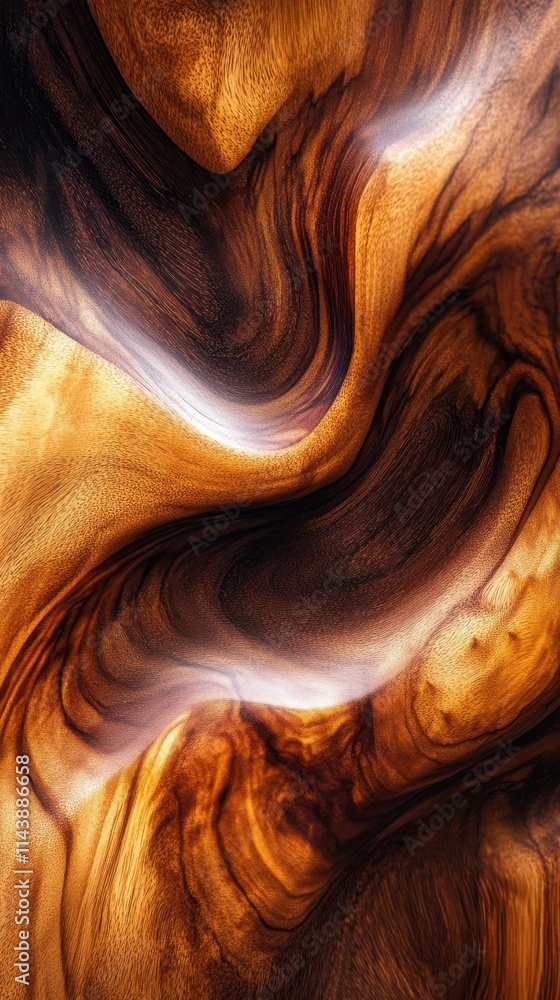 Poster polished wood grain showcases smooth texture and intricate patterns in rich shades of brown and ambe