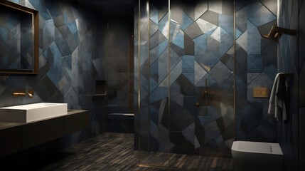 A Stunning Bathroom with a Captivating Geometric Tile Pattern and Contemporary Aesthetic  The Clean Minimalist Design Exudes Elegance and Style