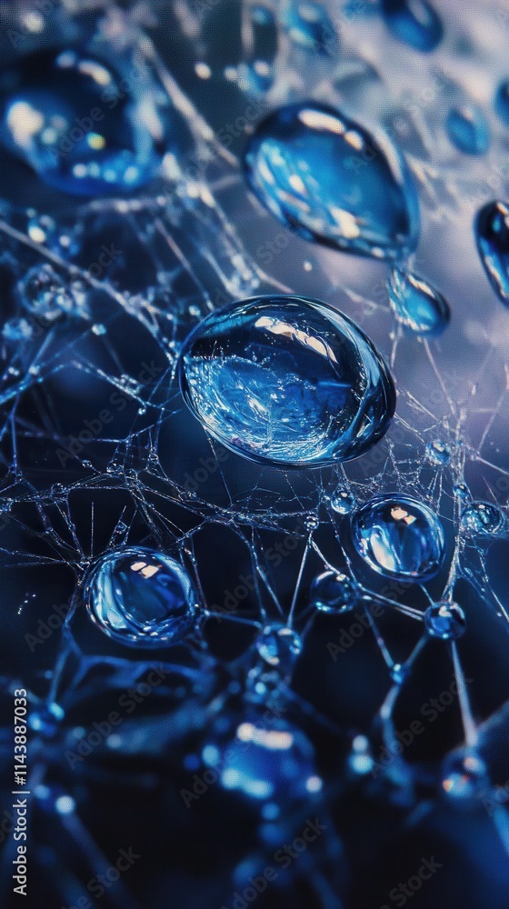 Poster close-up view of dew drops glistening on a spider web at dawn under natural light