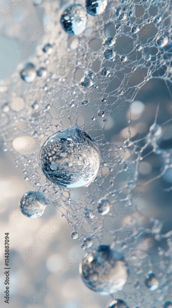 Poster Close-up view of dew drops delicately resting on a spider web in a serene morning setting