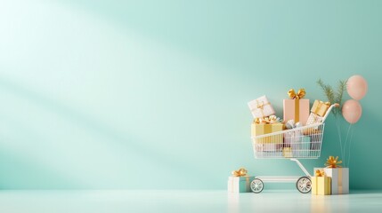 Obraz premium Charming gift laden cart display elegant setting promotional event ideal for celebrations vibrant environment unique concept for gifting ideas and inspiration