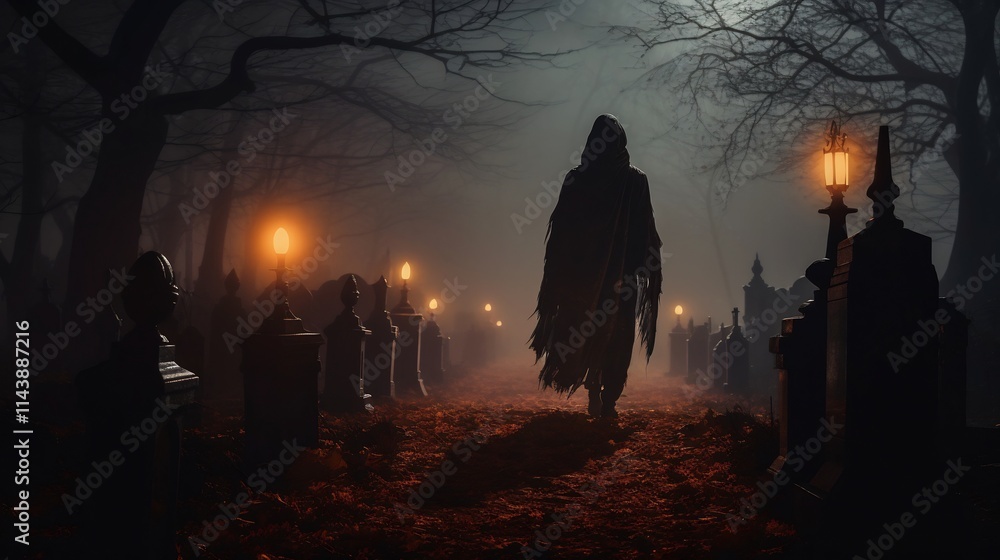 Poster spectral figure walking through a graveyard holding a lantern that casts an ethereal glow upon the h
