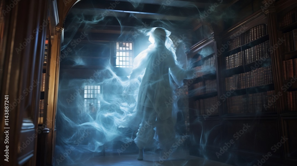 Poster ethereal spectre haunting an abandoned ancient library filled with cobwebs creating a mysterious and