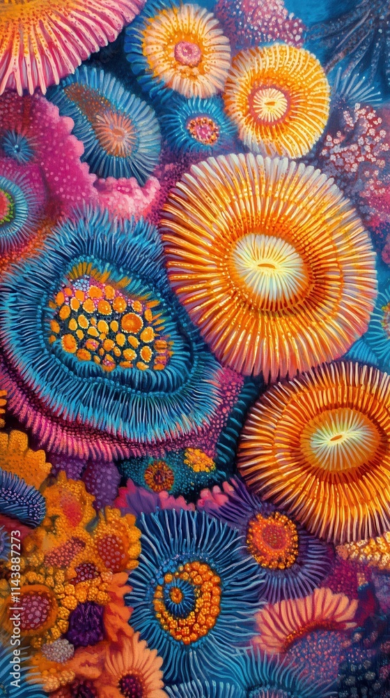 Poster close-up view of vibrant coral polyps displaying intricate textures in their natural underwater habi