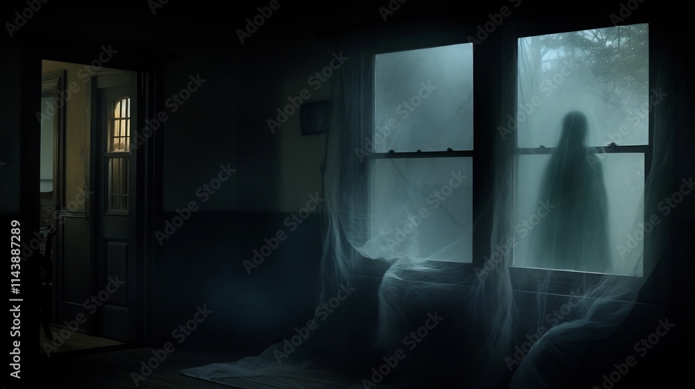 Poster a ghostly presence stares out from a shrouded fog filled window its features obscured by the hazy om