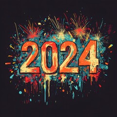 Typographic 2024 design with fireworks and confetti.