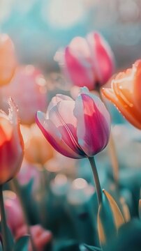 Fototapeta Colorful spring tulips bloom in vibrant hues under soft sunlight during a peaceful morning garden stroll