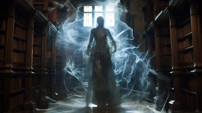 A ghostly transparent figure haunts an ancient abandoned library filled with cobwebs and the remnants of forgotten knowledge  The eerie