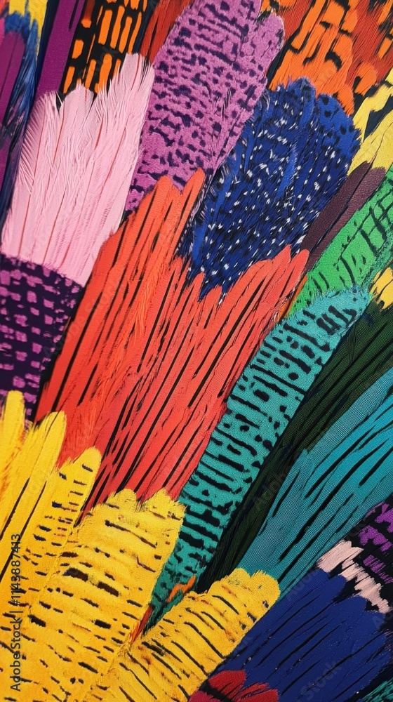 Poster Colorful close-up of vibrant feathers displaying intricate patterns and hues in various shades
