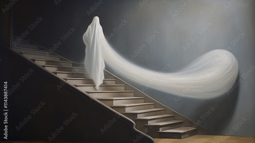 Poster surreal image of a mysterious floating phantom or spirit hovering above a winding staircase in a dar