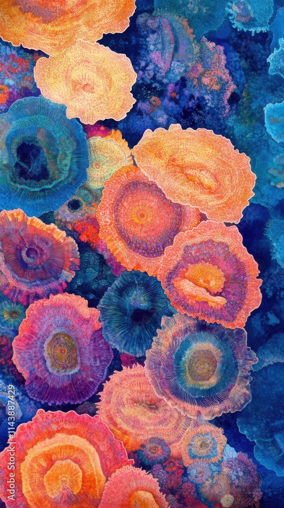 Poster close-up view of vibrant coral polyps showcasing intricate details and colors in their natural under