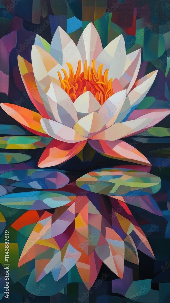 Poster close-up view of a vibrant water lily showcasing colorful petals and reflection on calm waters