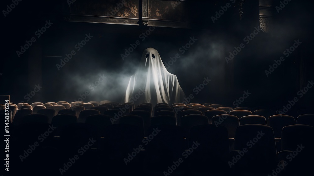 Poster ghostly spectral face peering out from the shadows of an abandoned and eerie theater stage creating 