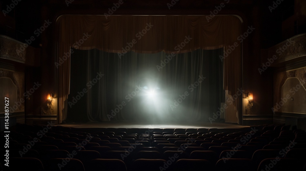 Poster ghostly translucent face emerging from the shadowy depths of an empty abandoned theater stage creati