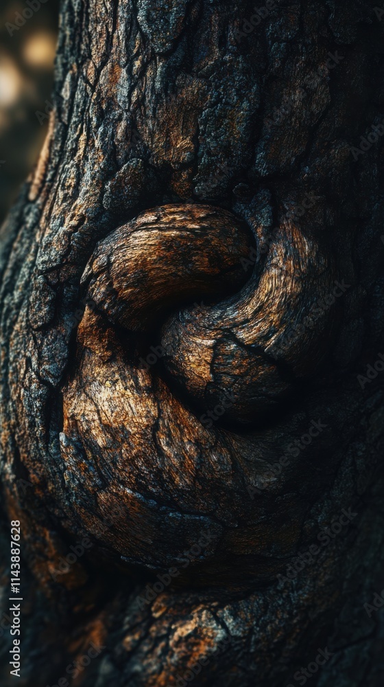 Poster close-up of an intricate tree knot revealing beautiful wood grain patterns at sunset in a forest
