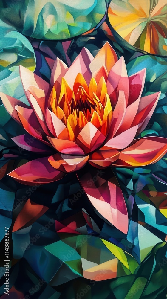 Poster close-up view of a vibrant water lily in full bloom showcasing intricate colors and textures during 