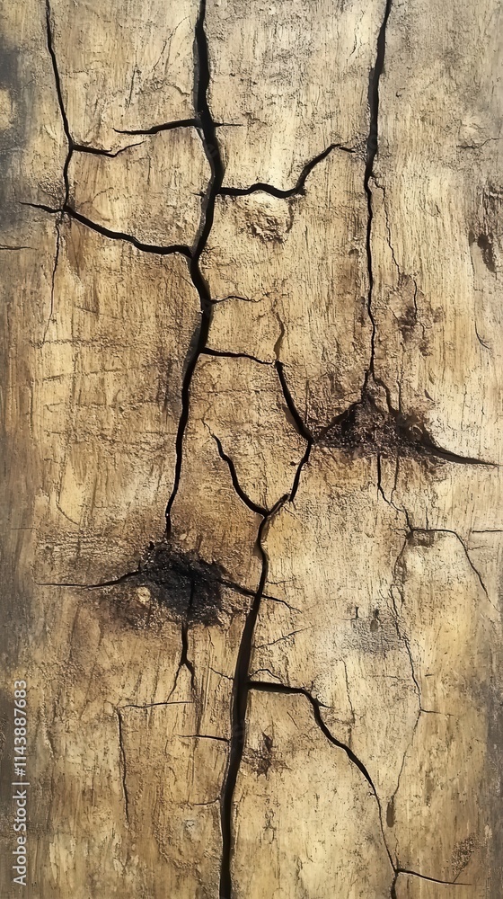 Poster close-up view of aged wood grain featuring deep cracks and textured patterns in natural lighting