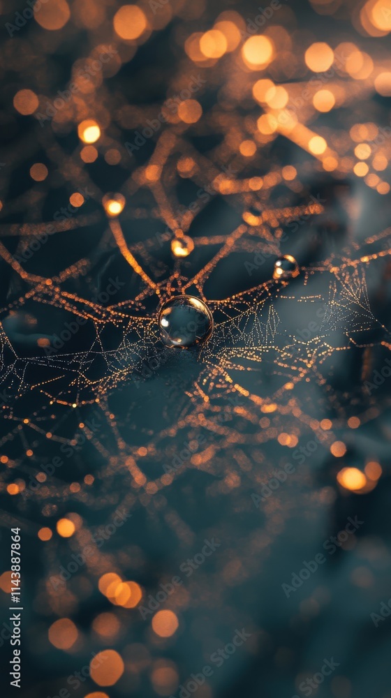 Poster close-up view of a spider web adorned with sparkling dewdrops capturing morning light in a serene ou