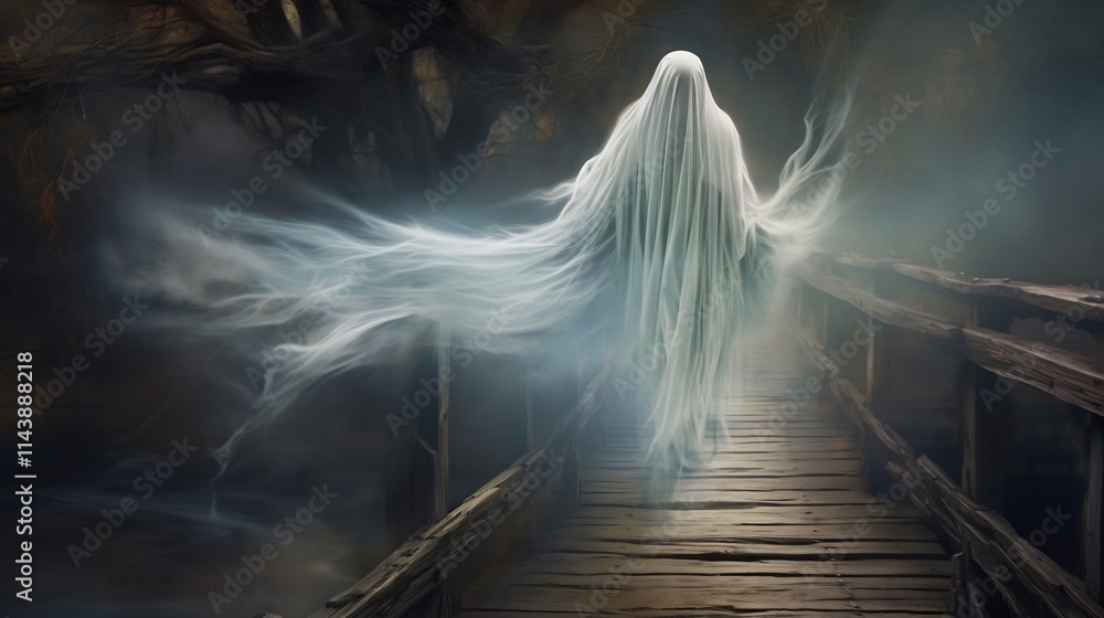 Poster ghostly apparition of a supernatural otherworldly entity hovering near an old weathered wooden bridg