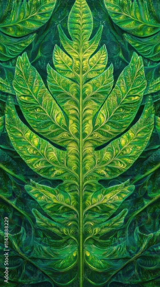 Aufkleber Close-up view of a fern leaf illustrating its intricate fractal pattern in a lush green environment
