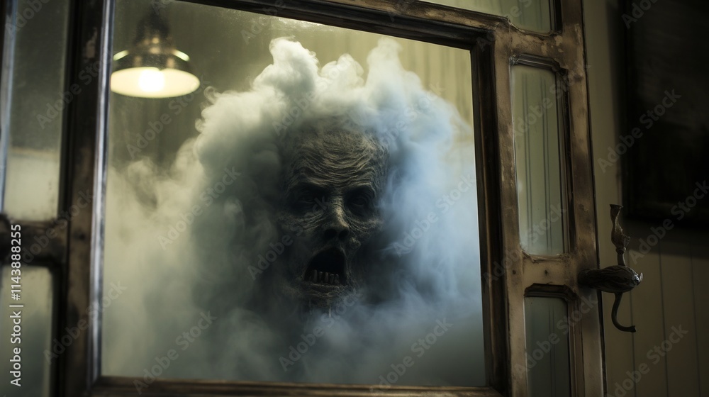 Poster eerie and unsettling image of a ghostly face appearing in the steam on a bathroom mirror creating a 