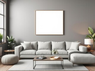 A mockup of living room wall art displayed on a canvas with a preview of the design, sample, frame, empty