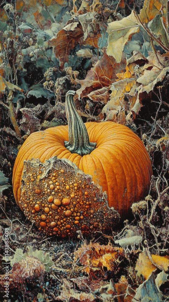 Poster close-up view of a textured pumpkin surrounded by autumn leaves in a pumpkin patch