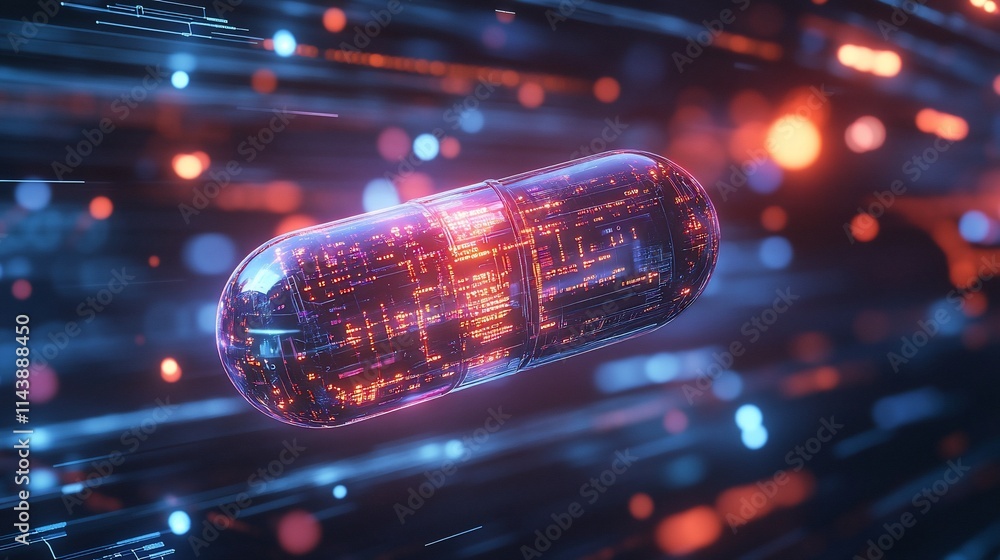 Aufkleber futuristic capsule with glowing circuits in a dynamic digital environment.
