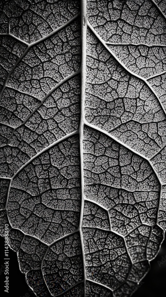 Poster close-up view of a leaf detailing the intricate vein structure and texture in monochrome