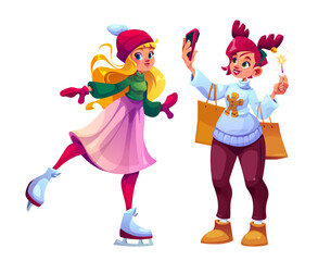 Christmas characters set - young girl ice skating in winter scarf and hat, smiling woman taking selfie photo with phone and holding shopping bags with sparkler in sweater with gingerbread cookie image