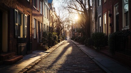 Fototapeta premium Sunlit cobblestone street in historic neighborhood.